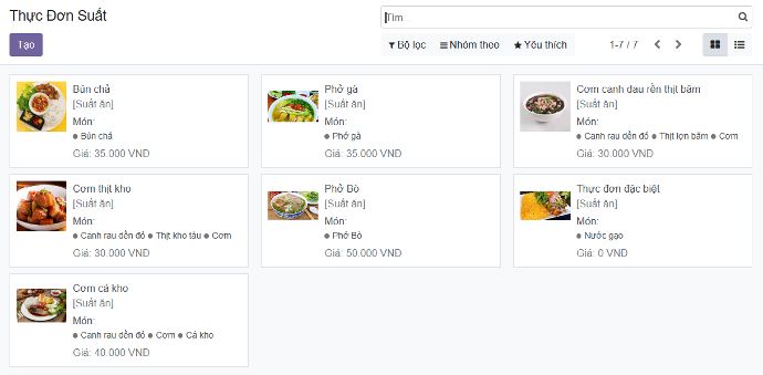 Thực đơn theo suất Thực đơn theo suất